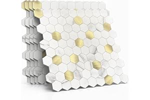M MOFIT MOFIT Hexagon Peel and Stick Backsplash Tiles Kitchen,Self-Adhesive Metal and Marble Honeycomb Peel and Stick Wall Tiles Sticker Mosaic Heat Resistant(White Gold,5sheets)