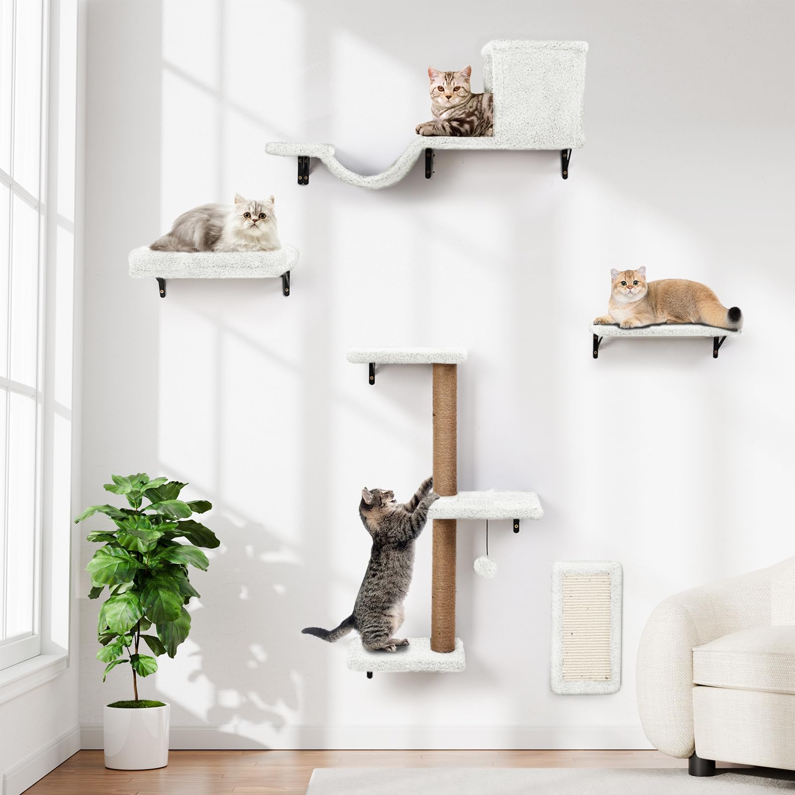 Photo 1 of 5-in-1 Cat Wall Shelves, Multi-Level Cat Climbing Furniture, Perch & Lounge for Indoor Cats, Space-Saving Wall Mounted Shelves for Play & Rest (Natural Wood) - White