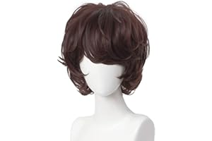 WIGGY MERMAID Short Brown Cosplay Wig Male Men Fluffy Curly Anime Cosplay Unisex Hair Wig for Kids Boys Halloween Party + Cap (Brown)