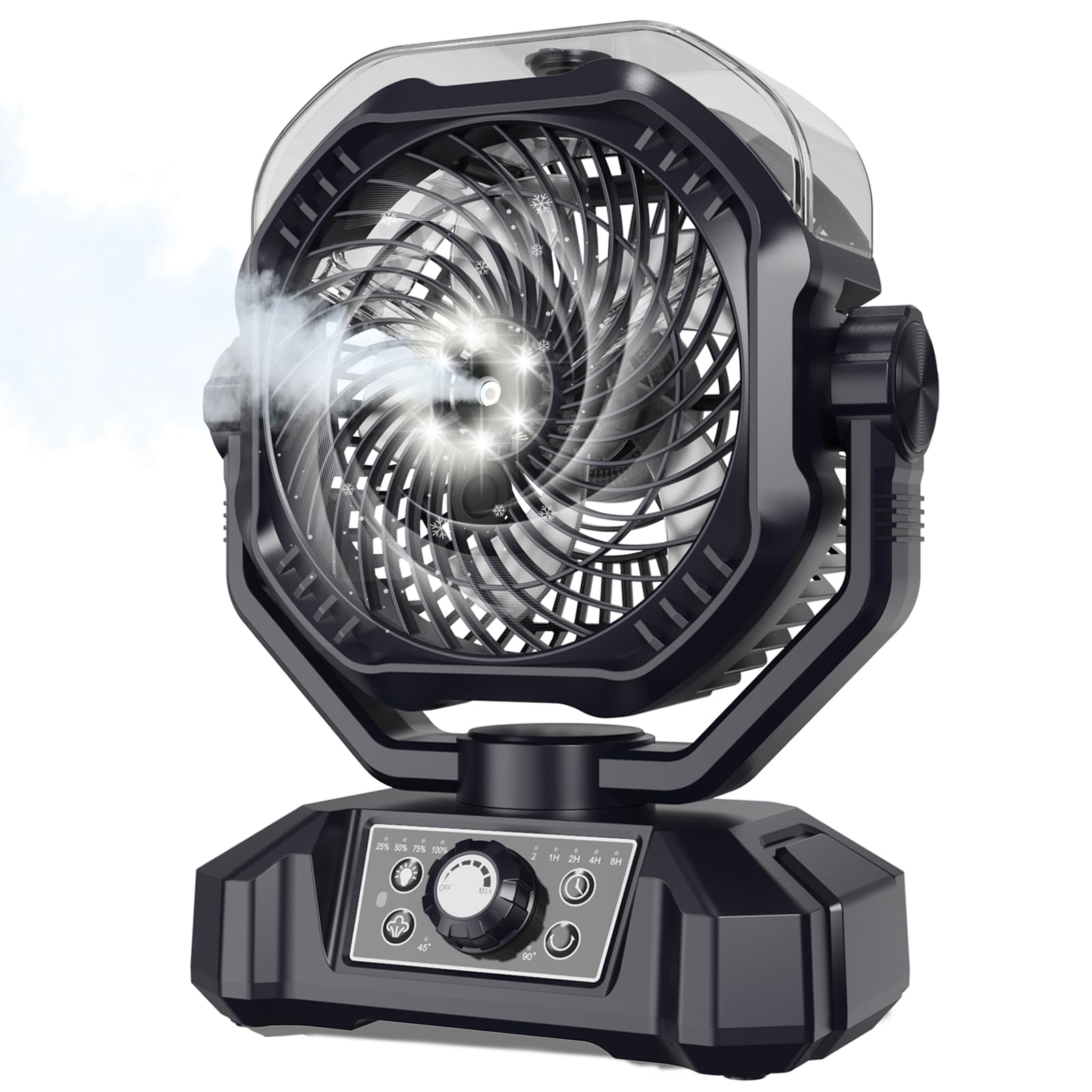 Photo 1 of Portable Rechargeable Misting Fan with 12oz Water Tank, Auto Oscillating, Remote, Timer, Light, 8 Speeds, 9-Inch, 20000mAh 120H Battery Powered Mist Fan for Camping, Travel, Worksite, Poweroutage