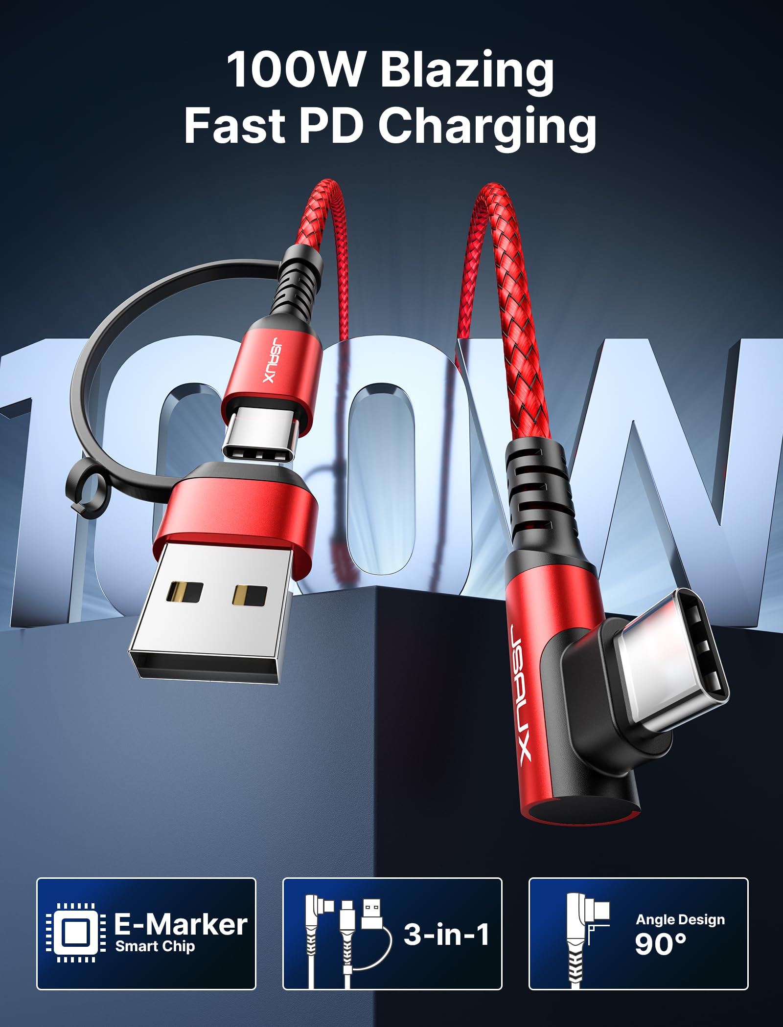 JSAUX 100W 2-in-1 USB C Charger Cable [2-Pack 10FT] 100W USB C to USB C Cable [2-Pack 6.6FT]