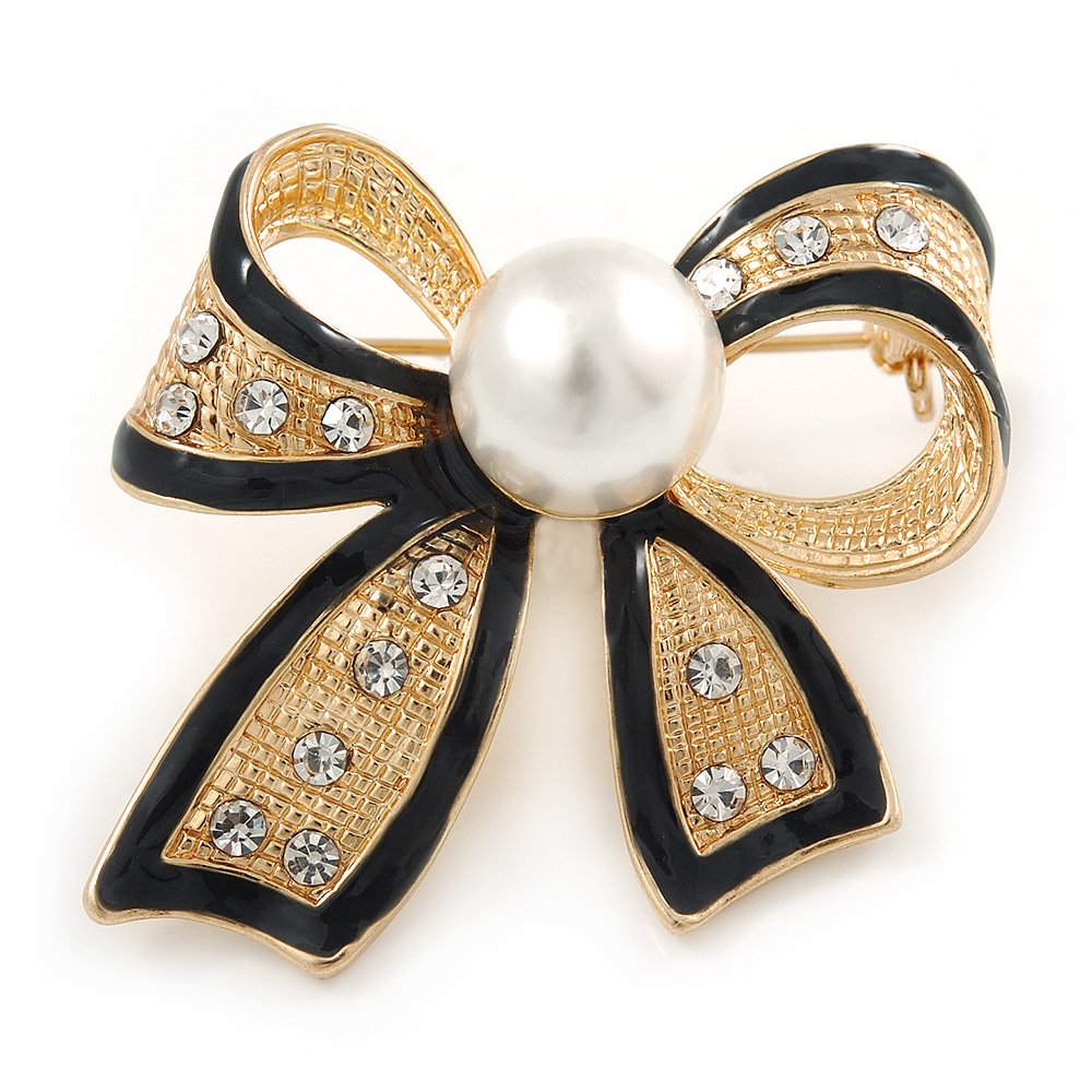 Gold Tone, Black Enamel, Crystal, Pearl Bow Brooch - 40mm L