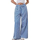 WOWULOVELY Women Casual Striped Drawstring Pants Wide Leg Pants with Pockets Elastic Trousers Loose Lounge Pajama(Blue-M)
