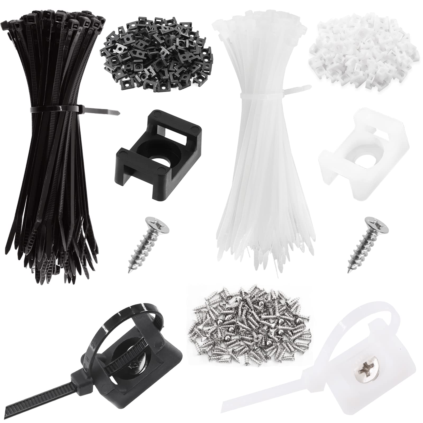 Rustark 480Pcs Cable Ties Saddle Type Cable Mount Bases Wire Holder with Tapping Screws Assortment Kit, Wire Cable Zip Tie Clips Fasteners Organizer Holders Clamps for Wire Management