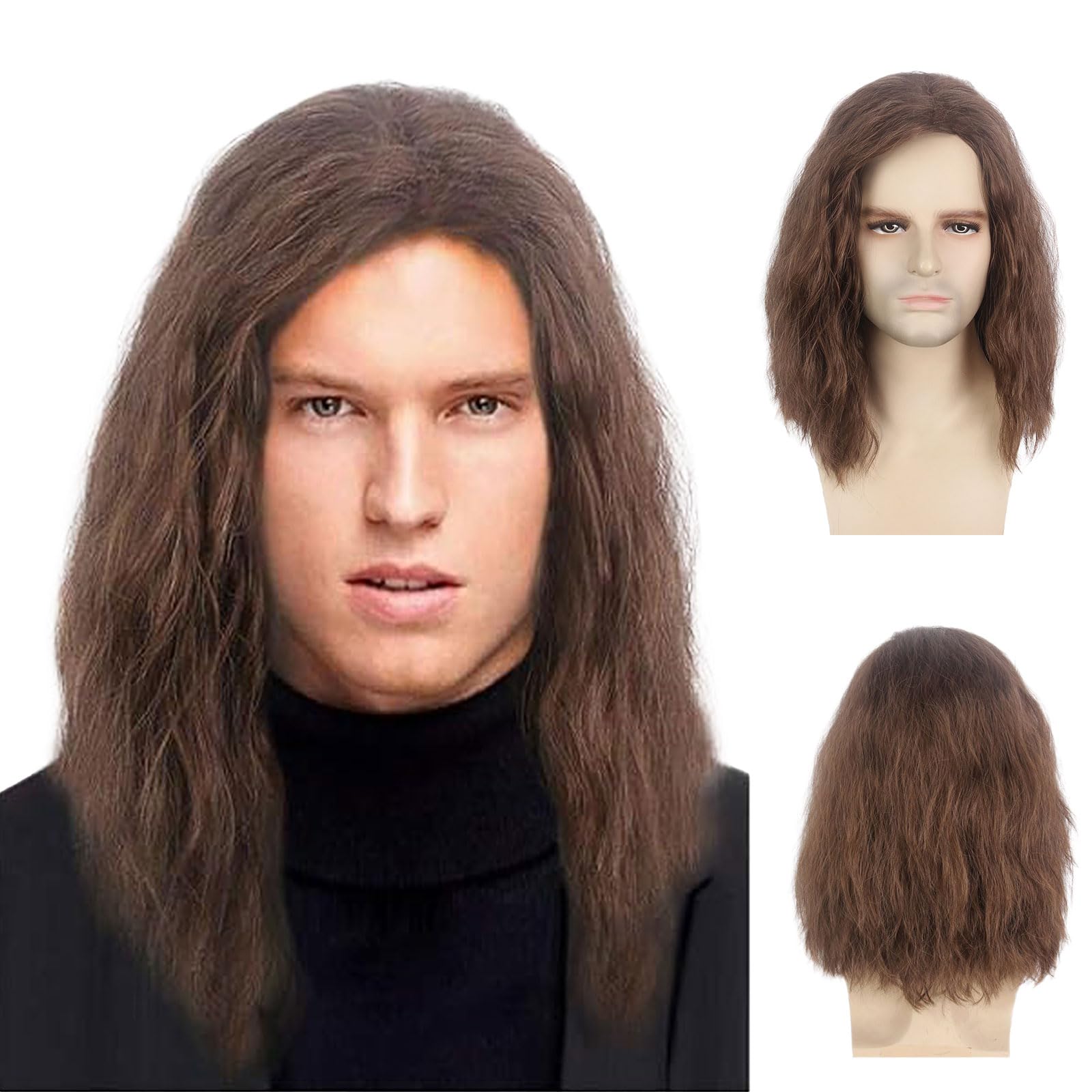 TSHAOUN Men's Brown Wig Mid Length Curly Hair, 16 Inch/40 cm Pop Rocking Dude Wig for Adult, Handsome Cosplay Wigs for 70s 80s Fancy Dress Daily Costume Party Halloween