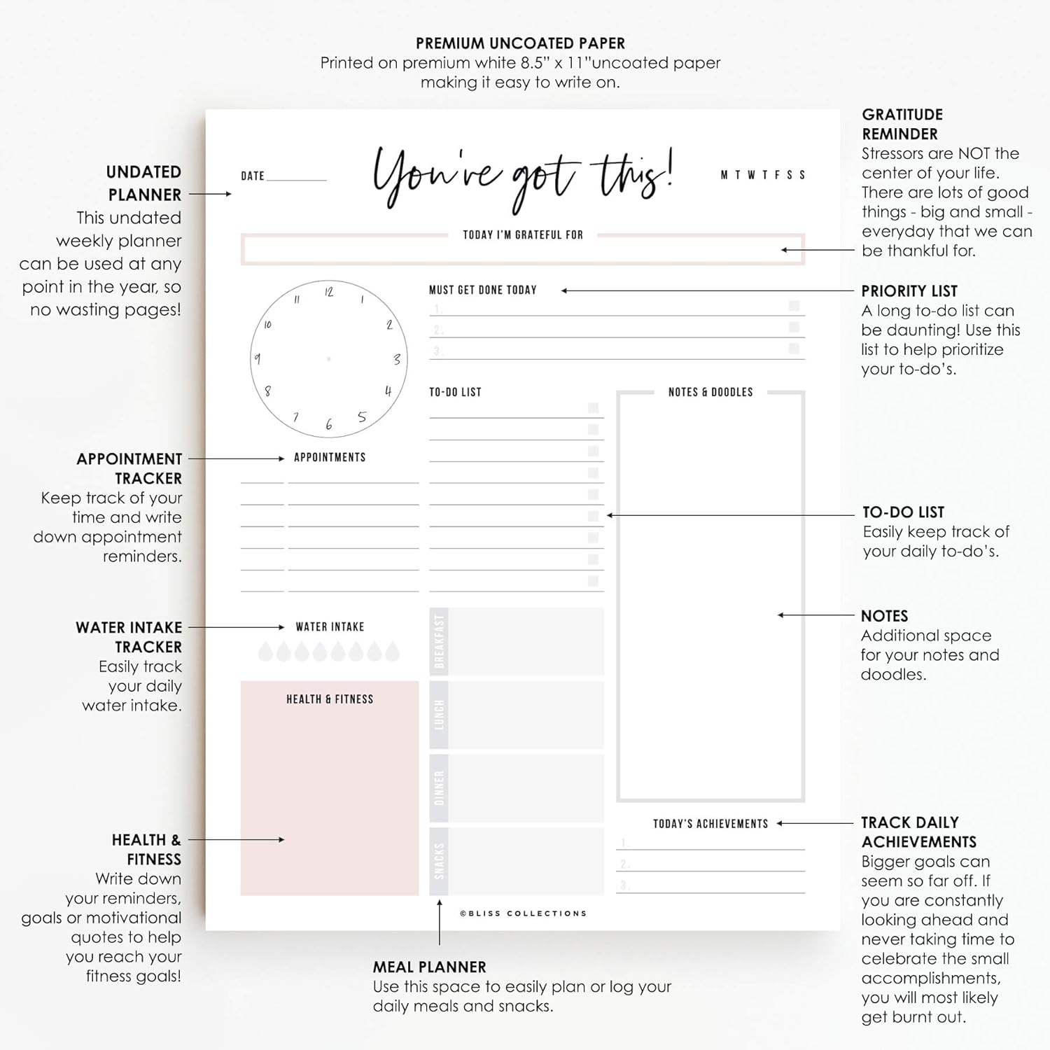 Bliss Collections Daily Planner with 50 Undated 8.5 x 11 Tear-Off Sheets - You've Got This Calendar, Organizer, Scheduler, Productivity Tracker for Organizing Goals, Tasks, Ideas, Notes, To Do Lists: Kitchen & Dining