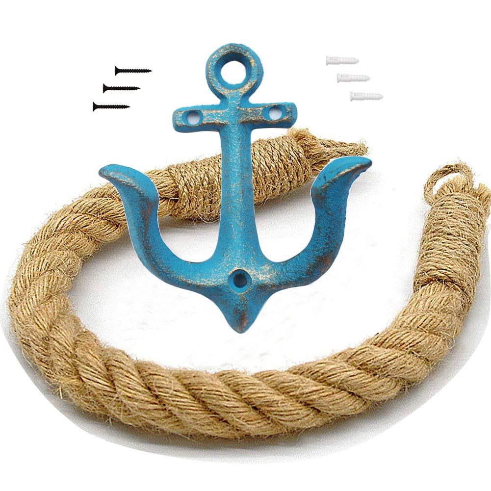 Nautical Rope Toilet Paper Holder Antique Bathroom Towel Holder Tie-back Curtain Rack Wall Mounted Metal Anchor Hook Design for Beach Themed Bathroom Decor