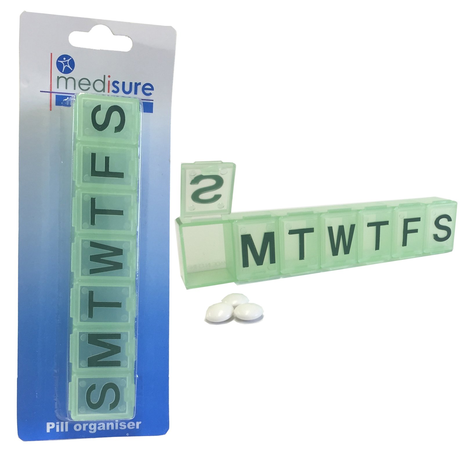 Medisure 7 DAY GREEN REUSEABLE HANDY CONVENIENT SECURE LARGE LETTERS PILL TABLET BOX CASE HOLDER ORGANISER (MS05857)
