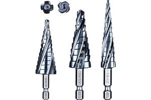 TOOLANT Four Spiral Flute Cobalt Step Drill Bit Set(Pro Max), 1/8"-7/8"(3pcs) Impact Ready Four-Flute Step Bit, 1/4" Hex Shan