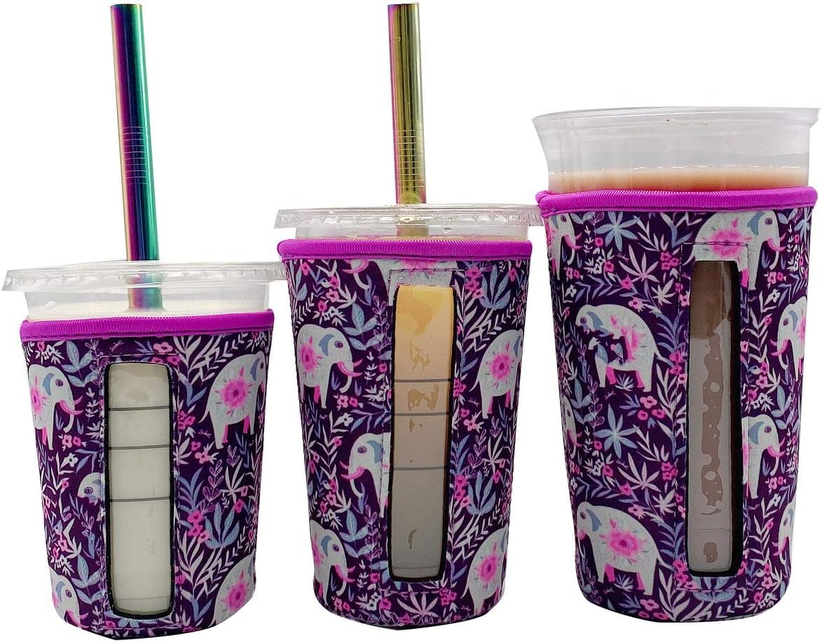 3 Pack Reusable Iced Coffee Cup Insulator Sleeve With Window for Cold Beverages and Neoprene Cup Holder for Starbucks Coffee, McDonald's Coffee, Dunkin Donuts, More (Baby Elephant)