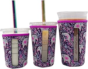 3 Pack Reusable Iced Coffee Cup Insulator Sleeve With Window for Cold Beverages and Neoprene Cup Holder for Starbucks Coffee, McDonald's Coffee, Dunkin Donuts, More (Baby Elephant)
