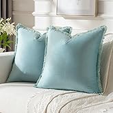 FUTEI Aqua Velvet Decorative Throw Pillow Covers 18x18 Set of 2,Soft Cozy Edge with Tassels Cushion Case,Boho Modern Home Decor for Couch Bed Living Room