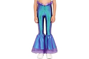 Hedmy Girls Mermaid Flare Pants Mesh Hem Waist Clothes Fish Scale Print Long Pants with Ruffled Overlay