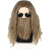 Topcosplay Mens Wigs and Beard Ash Blonde Long Curly Cosplay Halloween Costume Funny Wig