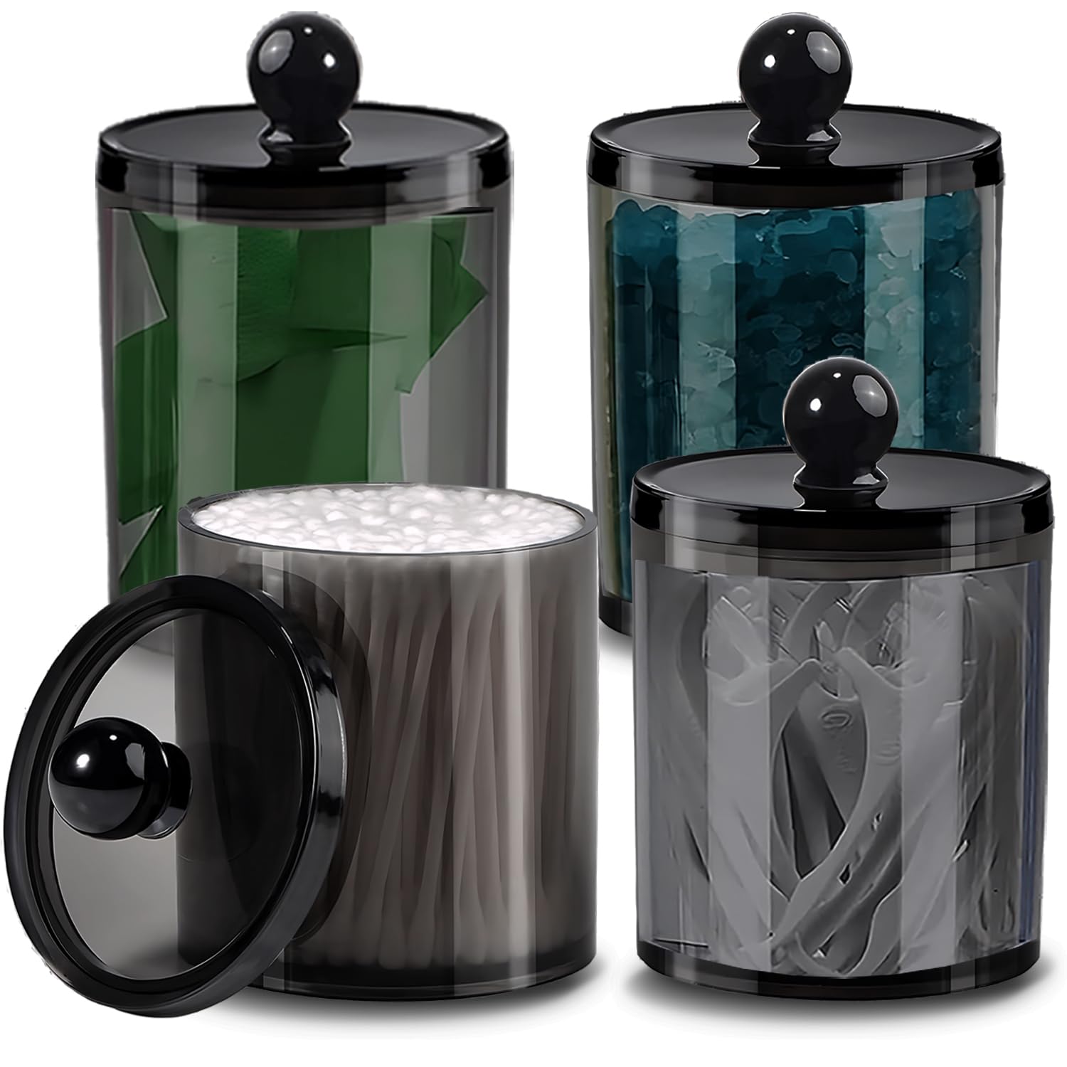 AIMIXUN 4 Pack Cotton Buds Dispenser, Cotton Pad Holder, Clear Black Cotton Swab Holder Cotton Round Holder, Apothecary Jar Set Bathroom Canister Storage Organization for Cotton Ball, Round Pads