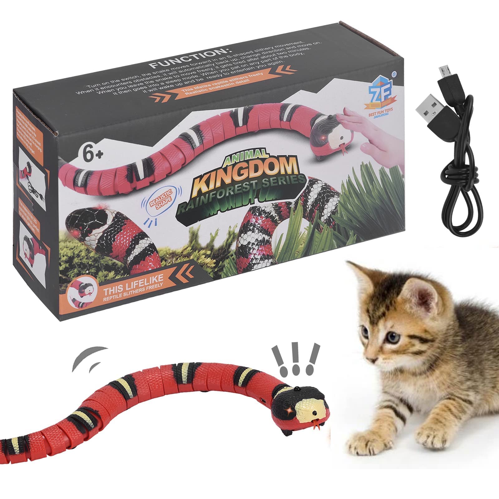 Offfay Snake Toy for Cats, Smart Sensing Cat Snake Toys, Interactive Electronic Moving Snakes Toy for Indoor Cats, USB Rechargeable, Party Halloween Tricky Realistic Fake Snakes Toys for Cat Dog Pet
