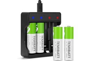 1.5V USB-C Rechargeable AA Lithium Battery & Charger Kit - 1500mAh High Capacity, 1200 Cycles, Fast Charging (4 Batteries + C