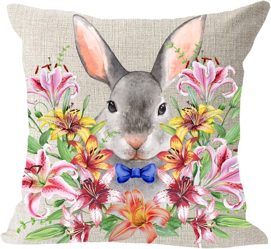 Watercolor Animal Bunny Rabbit with A Tie Lily Flower Cotton Linen Square Throw Waist Pillow Case Decorative Cushion Cover Pillowcase Sofa 18"x 18"