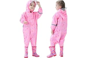 Hovkib Toddler Kids Rain Suit Girls Boys One Piece Raincoat Waterproof Coverall Lightweight Rainwear Rain Jacket 1-10 Years