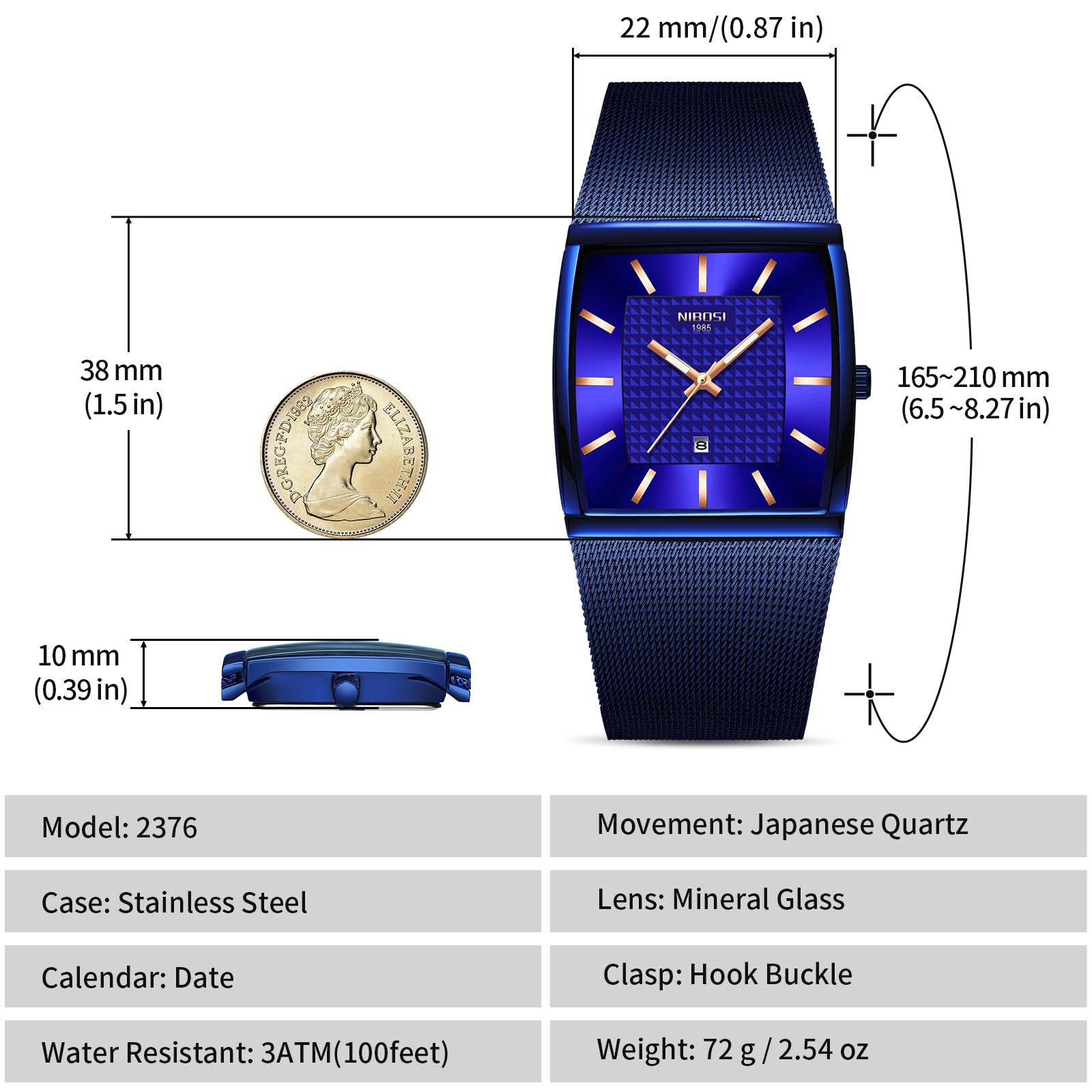 NIBOSI Men Watches Luxury Military Waterproof Sport Quartz Analog Square Wrist Watch for Men with Stainless Steel Mesh Band Date Calendar(Blue)