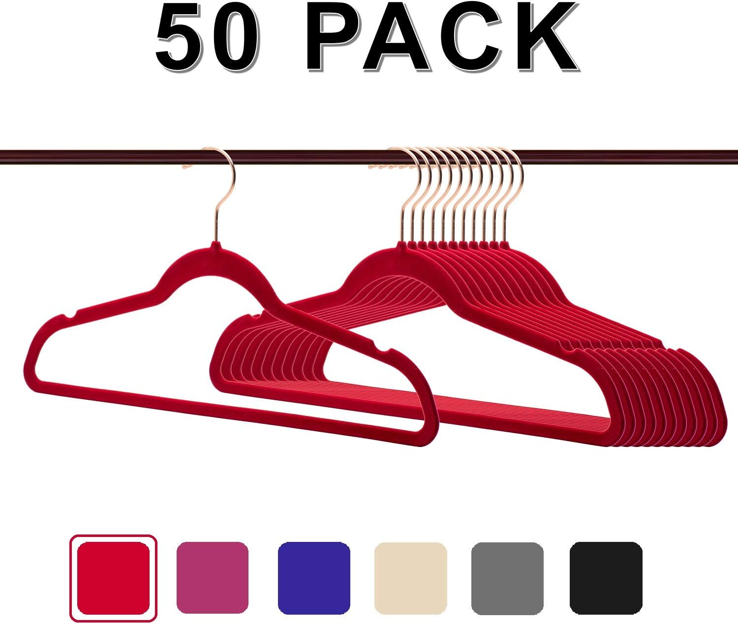 Non-Slip Velvet Clothes Hangers Premium Heavy Duty Space Saving with 360 Swivel &Rose Gold Hanger Hook for for Dress, Coats, Jackets, Pants, Shirts, Skirts (Pack of 50)