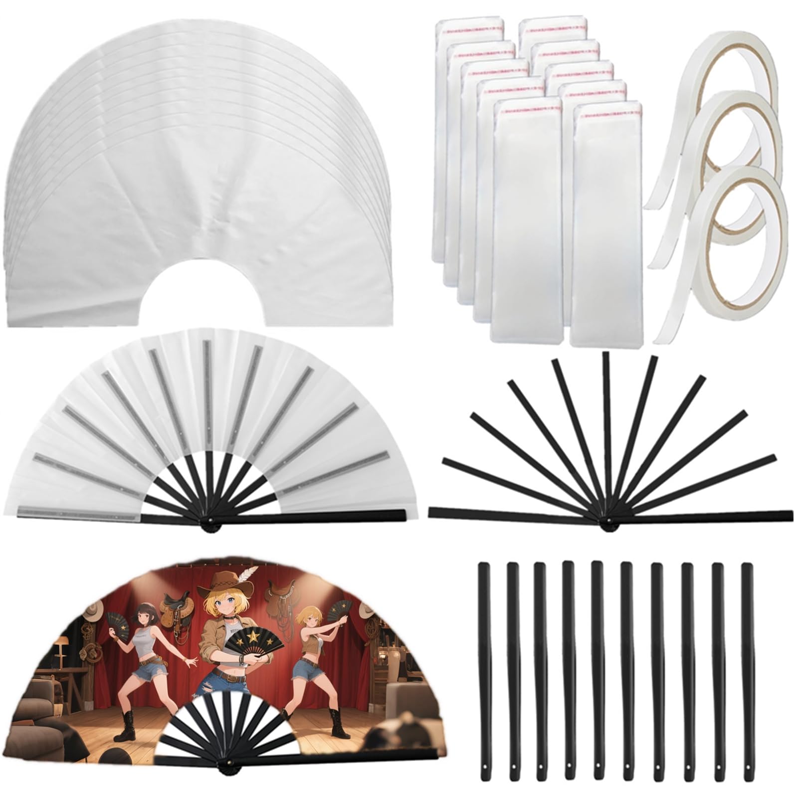 Photo 1 of 33pcs Sublimation Hand Fan Blanks Bulk for DIY and Craft, Large Clack Handheld Fans for Line Dancing Disco Party and Cooling