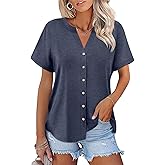 TICTICMISS Womens Short Sleeve Button Down Tops Dressy Casual V Neck Summer Shirts Trendy Tees