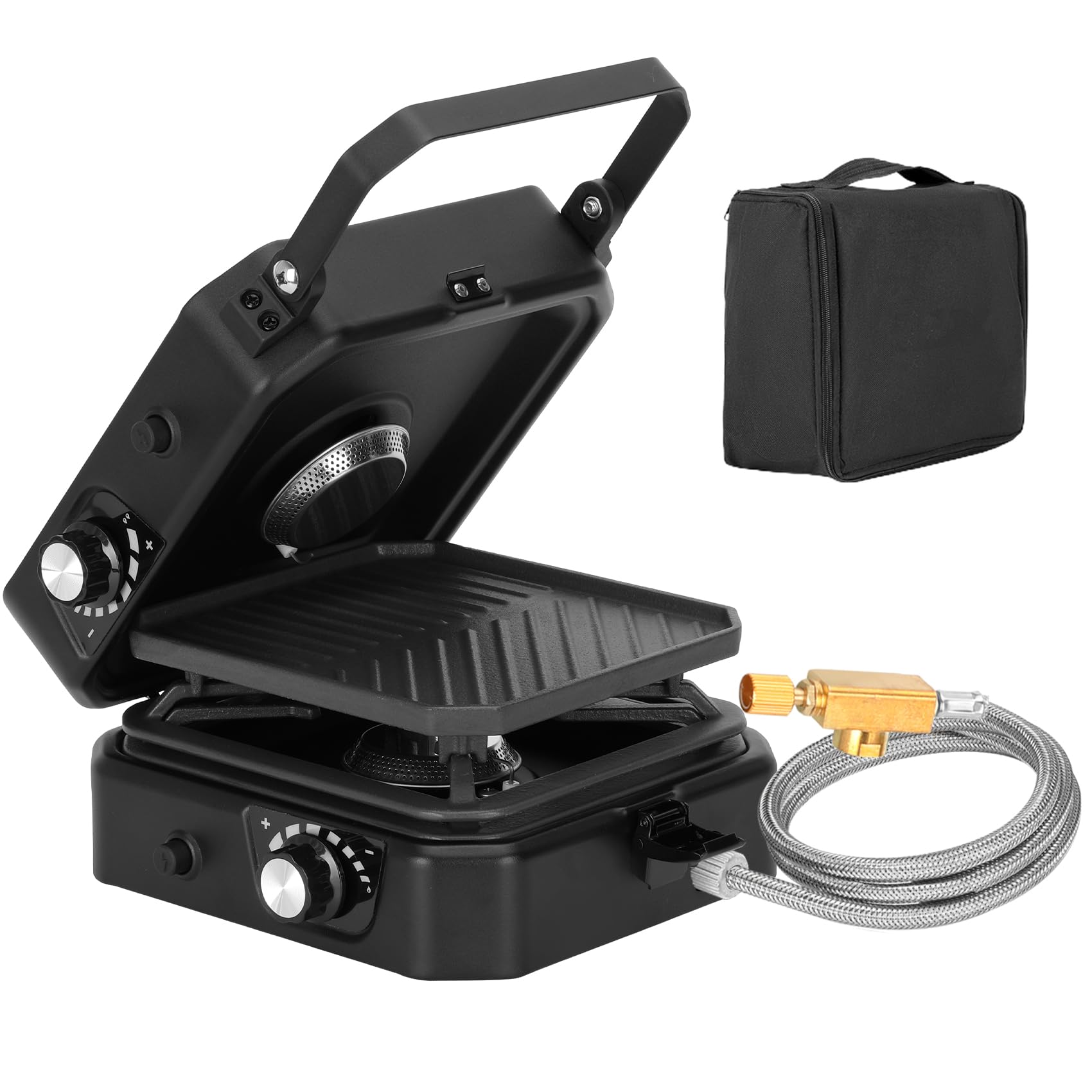 Photo 1 of 2 Burner Propane Stove Compatible with Propane Cylinders,2 Burner Camp Stove with Griddle and 16000 BTU Adjustable Burners,Portable Camping Stove Propane with Carry Bag and Handle for Camping (Black)