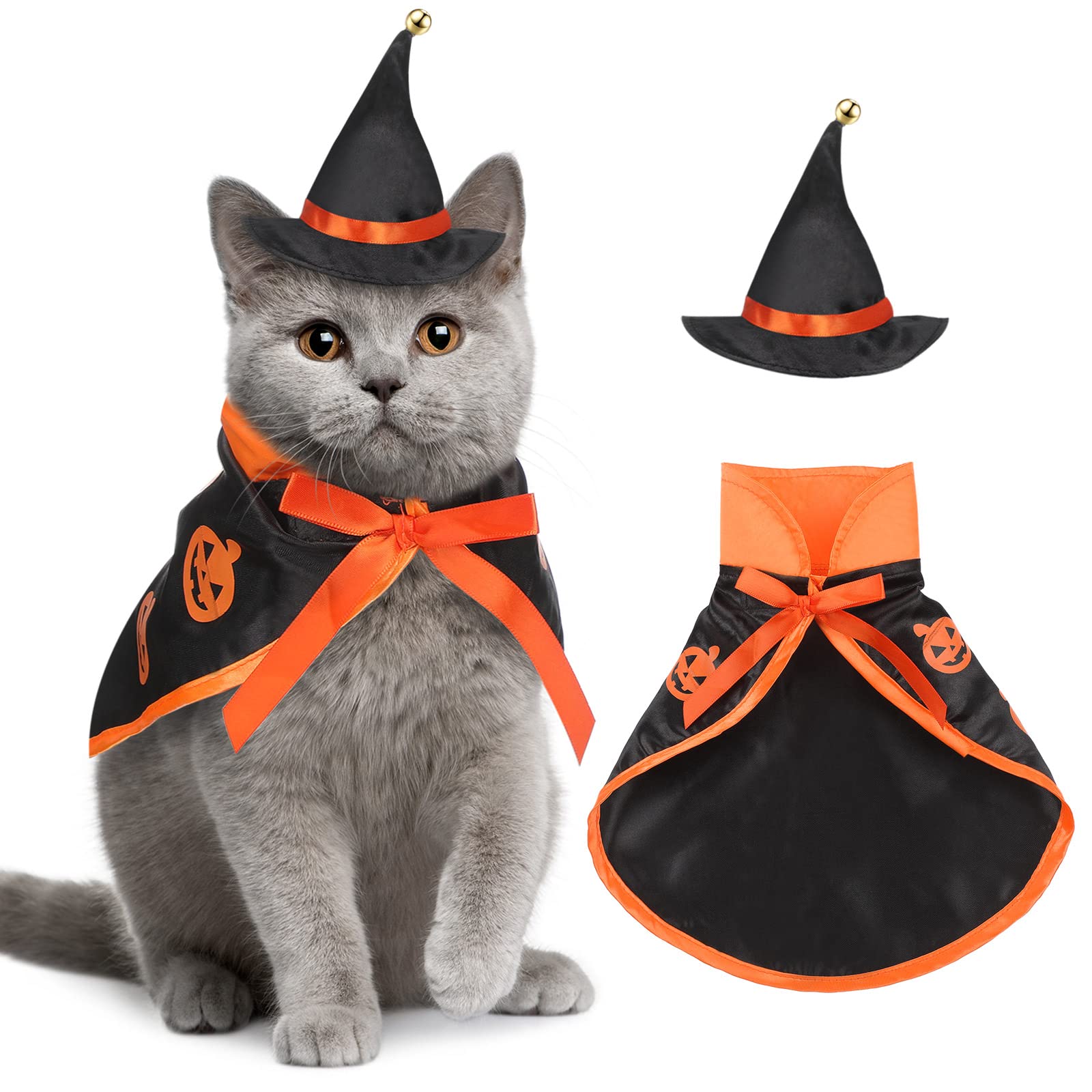 Cat Dogs Halloween Costume Pet Witch Outfit Cat Cloak and Wizard Hat for Small Medium Dogs Kitten Halloween Cosplay Costume(Orange, Black,Pumpkin)