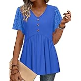 OFEEFAN Womens Summer Tops Babydoll Short Sleeve Shirts Button Down Lace Sleeve Peplum Tunic Tops V Neck T Shirts