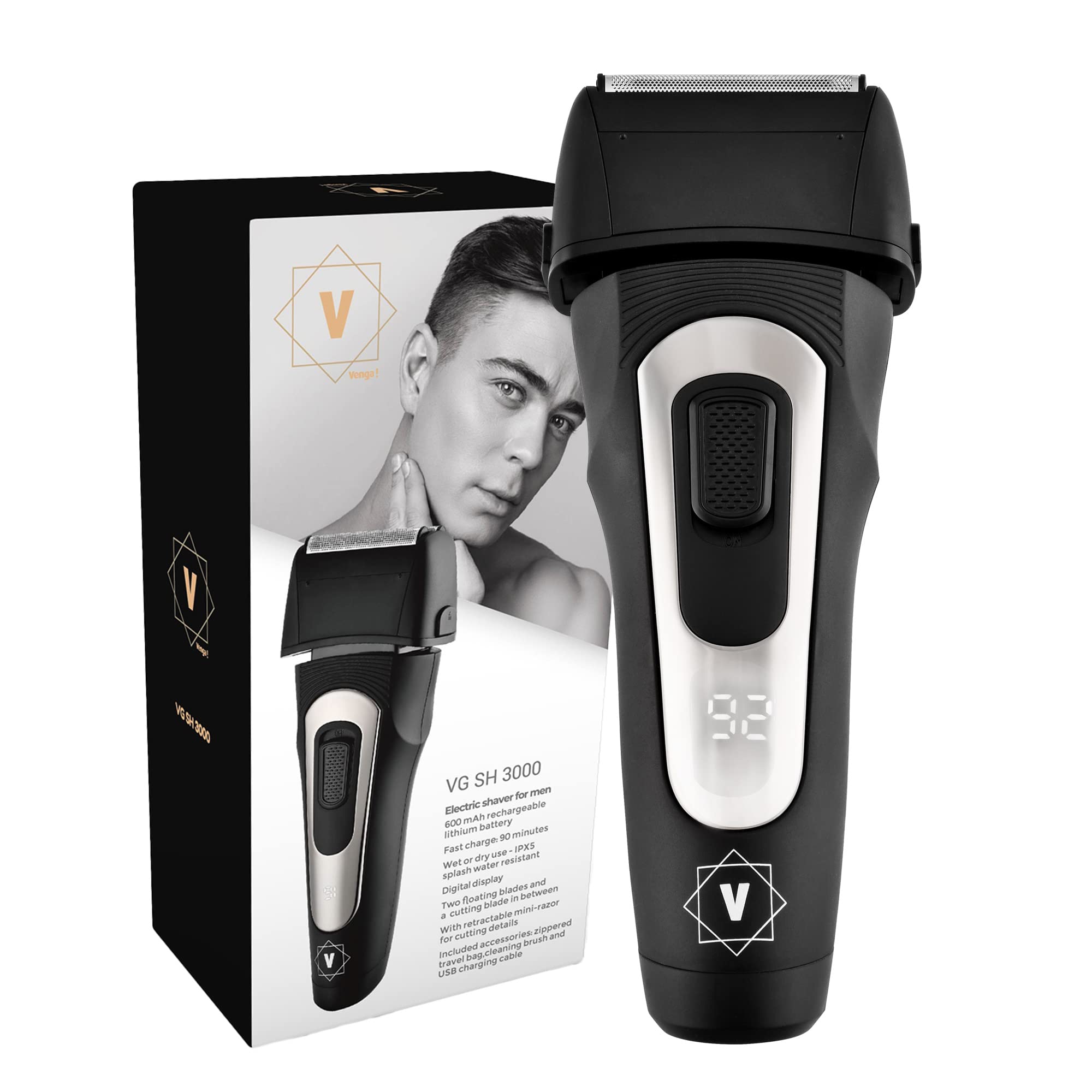 Venga! Electric Shaver for Men, 2 Foil Elements and Slit Trimmer, Pop-Out Trimmer, Wet or Dry Use, Black, VG SH 3000