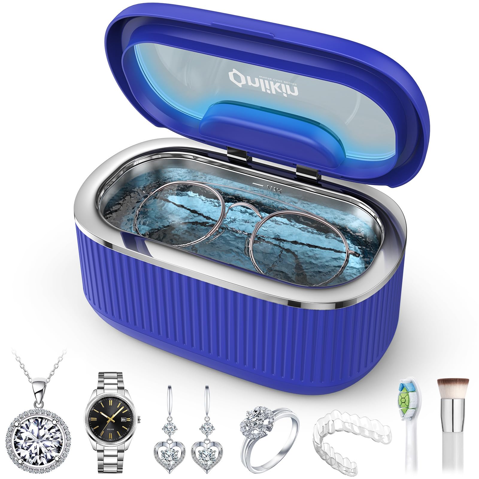 onlikin 45KHz Ultrasonic Jewelry Cleaner, 5 Timer & 3 Power Modes, 35W Retainer Cleaner for Jewelry, Eyeglasses, Rings, Watch Strap, Dentures - Quiet <38dB, 20oz, 304 Stainless Steel (Sapphire blue) Image