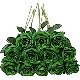 DH EYB 12pcs Rose Artificial Flowers, Fake Rose Silk Flower Bouquet, Faux Roses with Stems - 50cm, Roses Decor for Wedding & Home Decoration (Dark Green)