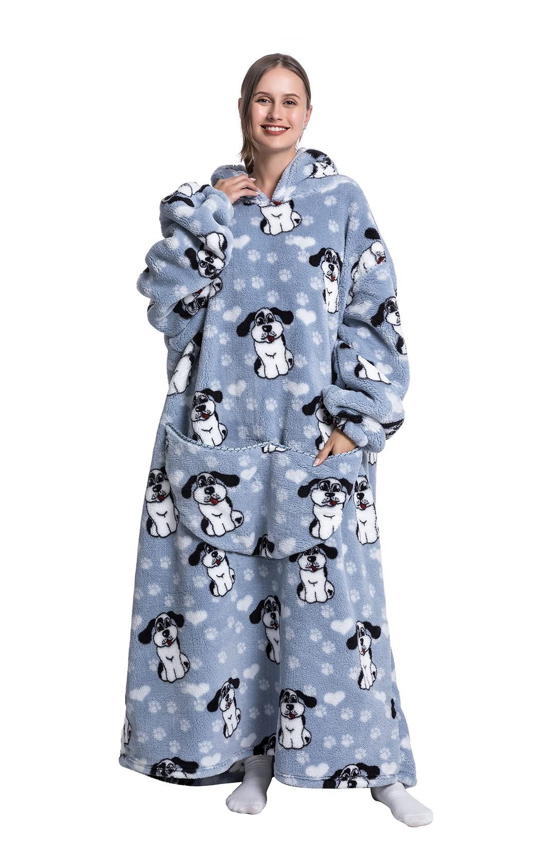 Seogva Extra Long Wearable Blanket Hoodie, Oversized Blanket Sweatshirt for Women & Men, Super Warm & Cozy Giant Hooded Blanket, Thick Flannel Blanket with Sleeves & Giant Pocket (Big Ear Doggy)