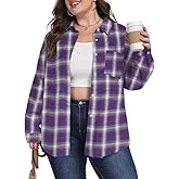 OLRIK Womens Plus Size Plaid Shirts Lightweight Flannel Long Sleeve Collared Button Down Blouse Oversized Shacket Coat