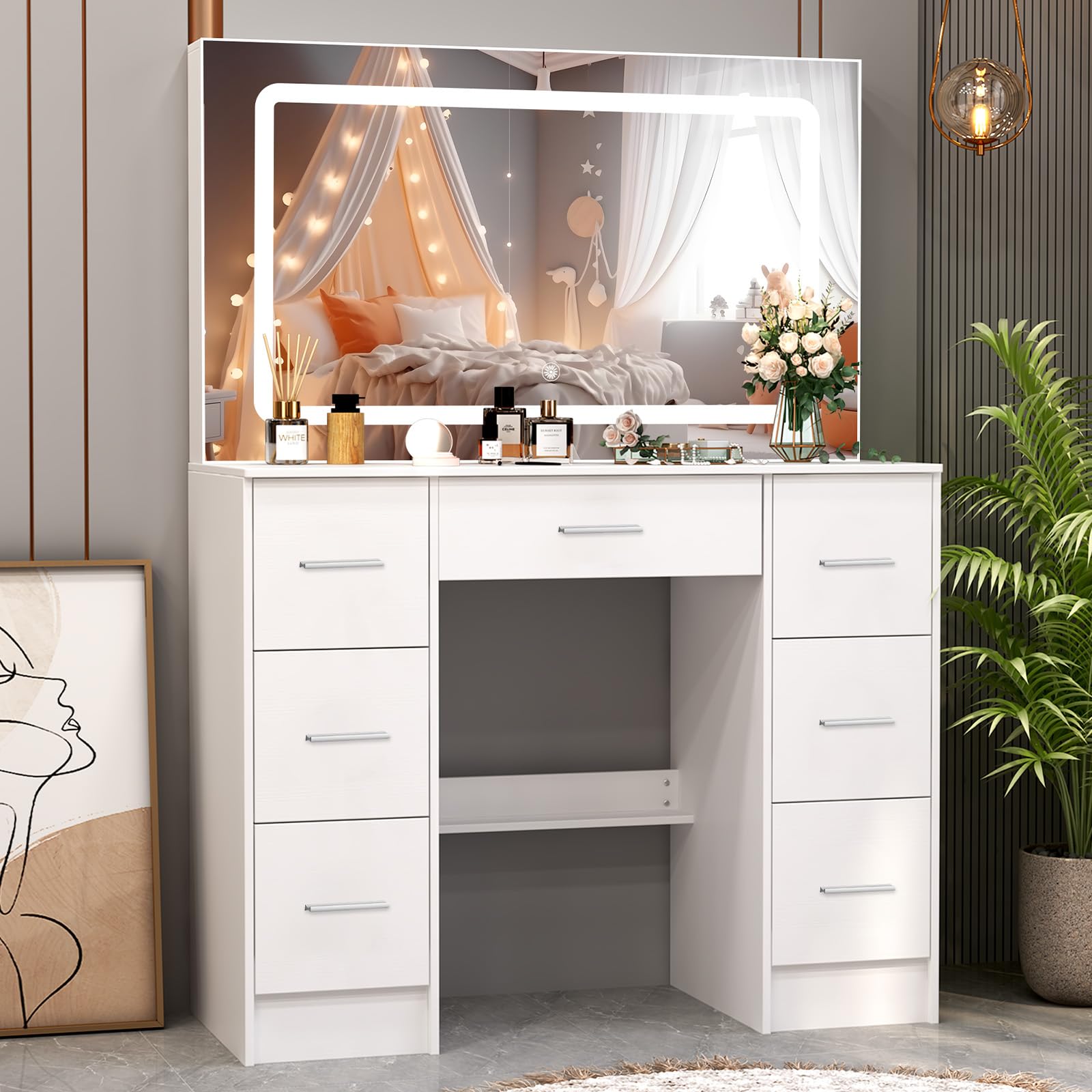 Photo 1 of (stock photo for reference)
Makeup Vanity Desk with Large Mirror and LED Lights, Makeup Vanity Table Set with Storage Drawers, White Vanity with Lights for Bedroom, Dressing Table for Women Teen Girls color pink