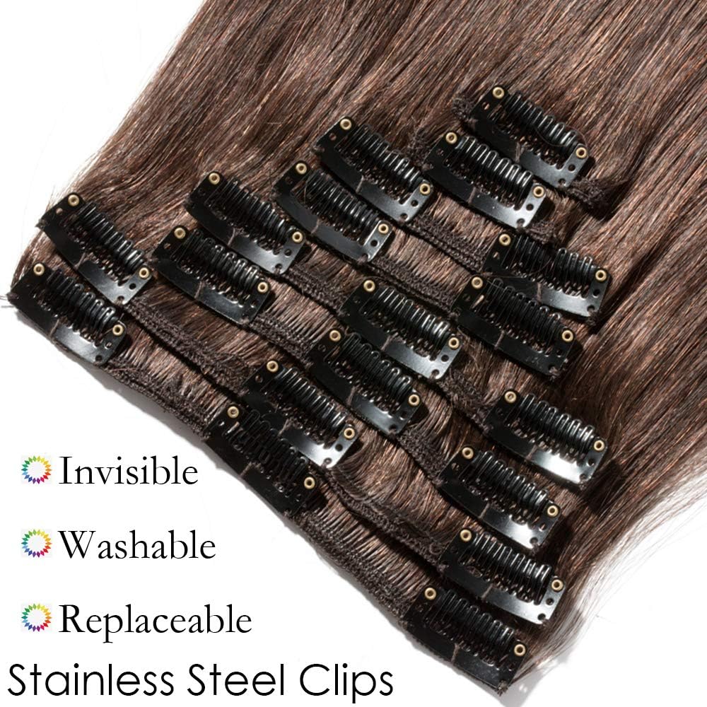 Silk-co 8 PCS Hair Extensions Clip in Hair Extensions Human Hair 100% Real Remy Straight Hair Extension -Basic Thickness-Thin Weft (20"-70g #04 Medium Brown) - Image 4