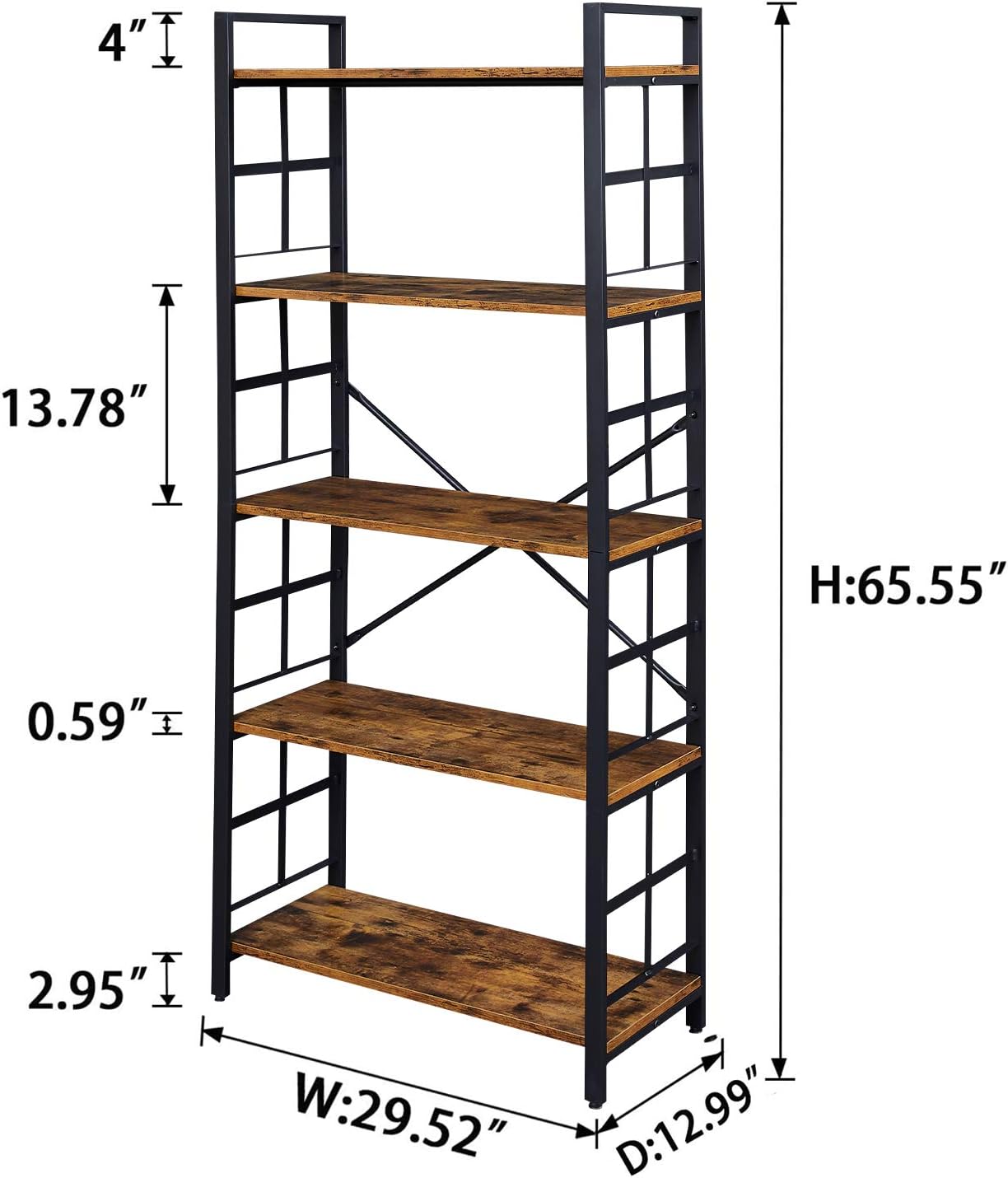 OIAHOMY Industrial Bookshelf，5-Tier Vintage Bookcase and Bookshelves，Rustic Wood and Metal Shelving Unit，Display Rack and Storage Organizer for Living Room, Rustic Brown: Furniture & Decor