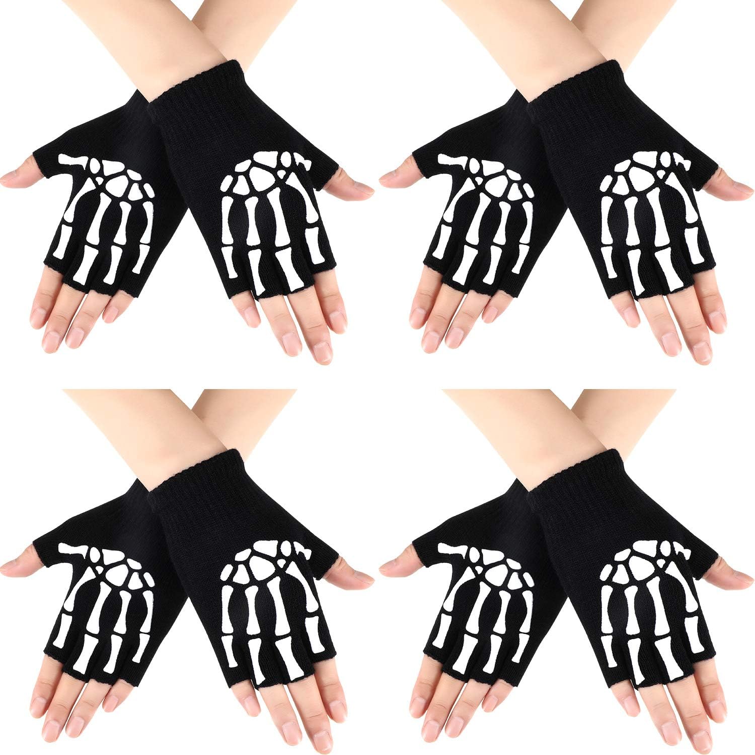 4 Pairs Halloween Skeleton Gloves Half Finger Skeleton