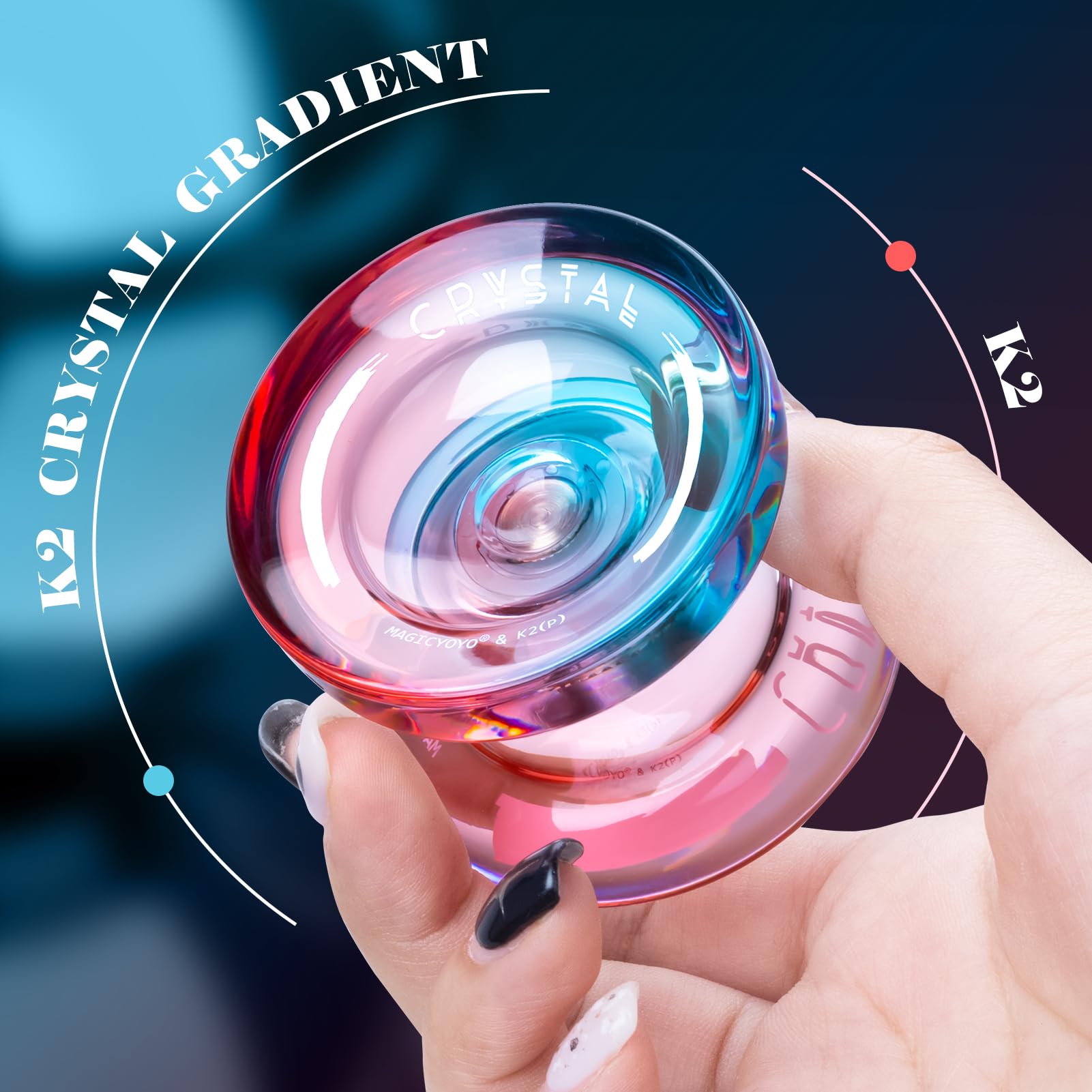ShungRu K2 Crystal Yoyo Professional Responsive Yoyo for Beginner, Dual Purpose Plastic Yo-Yo, Unresponsive Trick Yoyo with 12 Yoyo Strings, Yoyo Case Bag + Removal Bearing Tool (Red + Blue Gradient)
