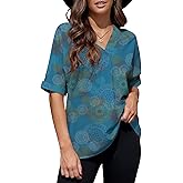 Necooer Womens Fashion Floral Printed Chiffon Shirts V Neck Top Short Sleeve Juniors Loose Blouses (Medium,Y-Blue)