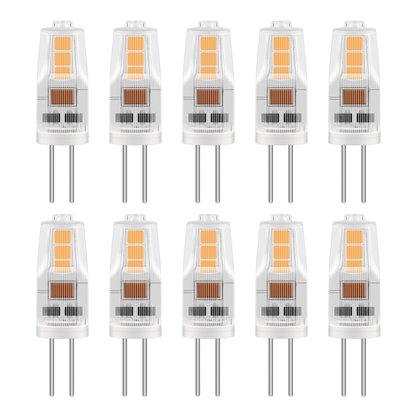 Caldarax 10 Pack G4 LED Bulbs 2W, AC/DC 12V, Equivalent to 20W Halogen Bulb, Warm White 3000K, 200LM, Non-Dimmable, 2 Bi-Pin Base, LED Energy Saving Bulbs, G4 Capsule Bulb, for Home Lighting
