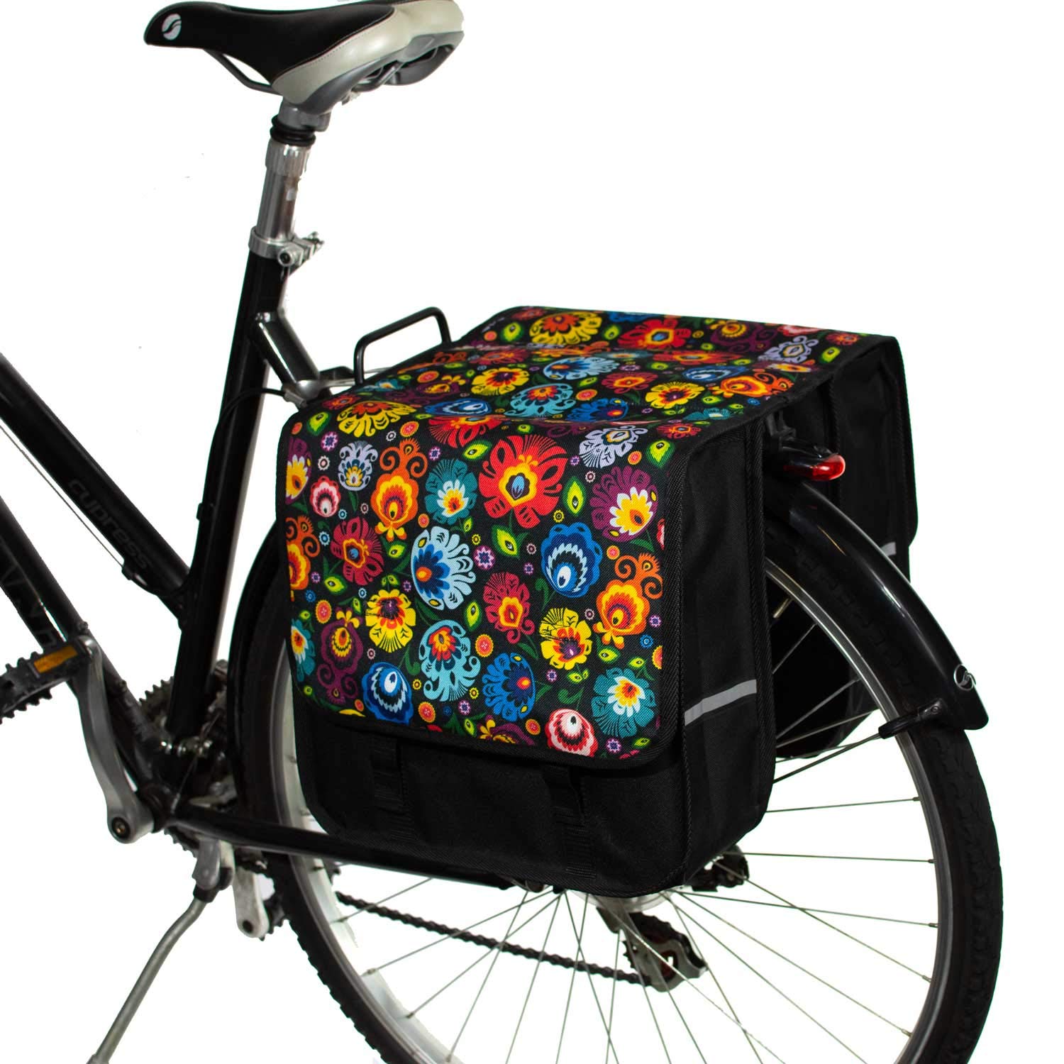 BikyBag Classic CL – 26L Double Pannier Bags with Long Lid & Hidden Buckles, Durable, Easy-Clean, Reflective Cycling Bags (Folk Flowers)