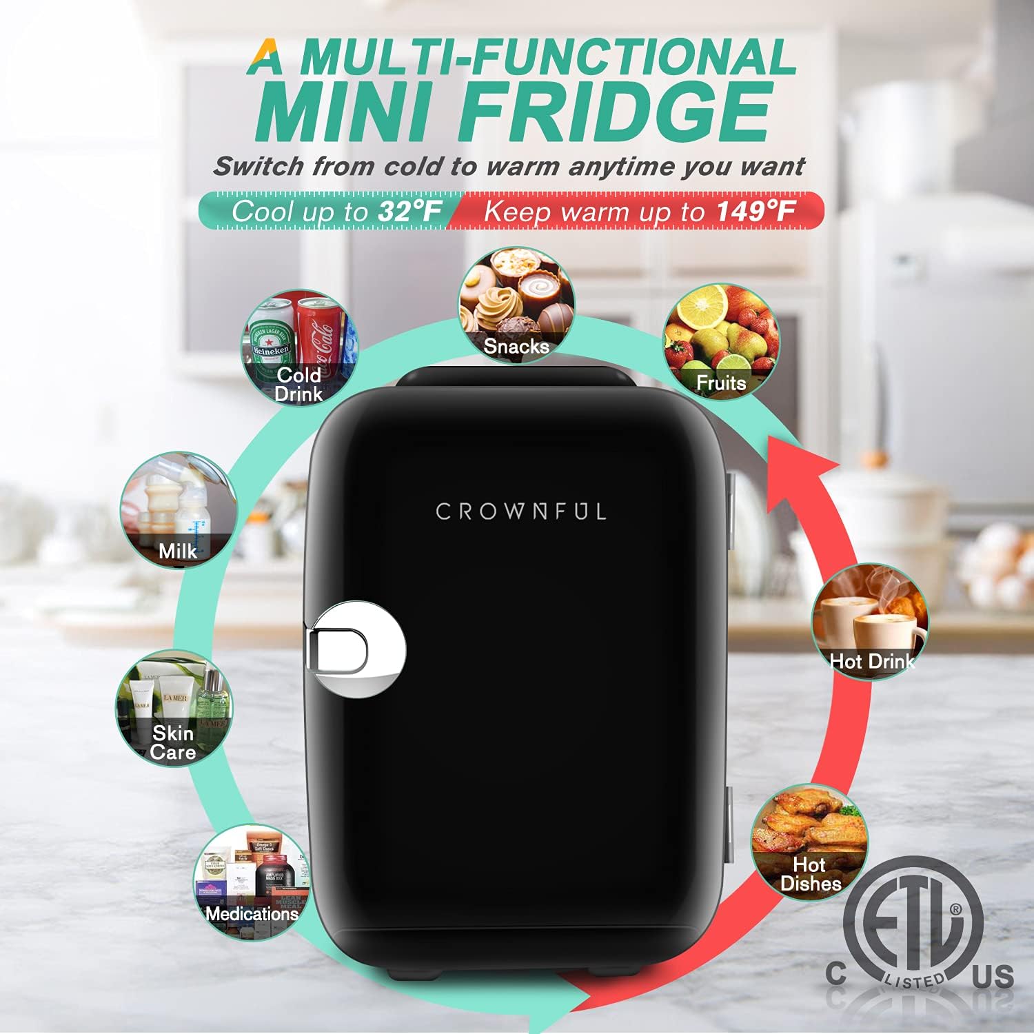 CROWNFUL Mini Fridge, 4 Liter/6 Can Portable Cooler and Warmer Personal Refrigerator for Skin Care, Cosmetics, Beverage, Food,Great for Bedroom, Office, Car, Dorm, ETL Listed (Black): Automotive