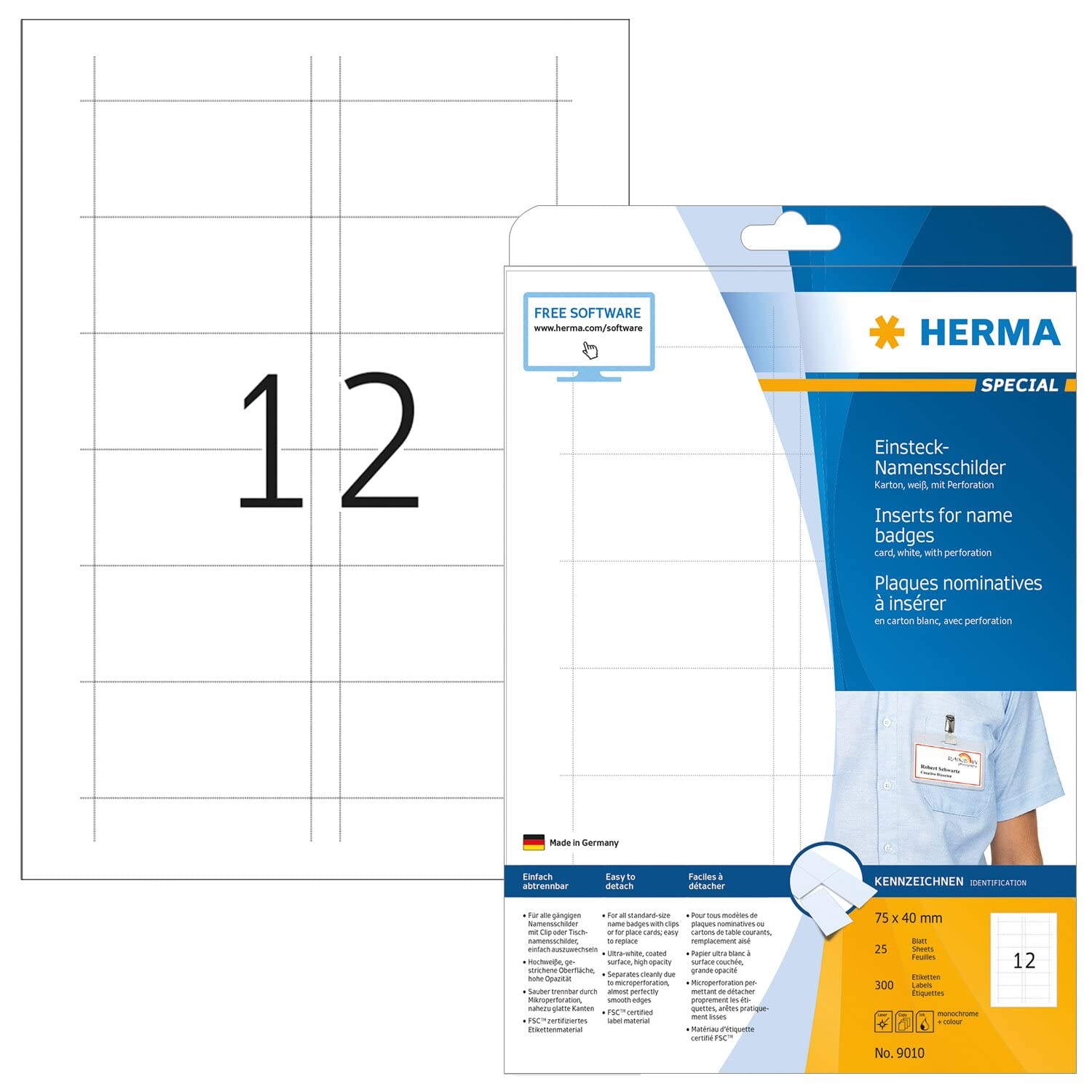 HERMA Name Badge Refills, 12 Labels per A4 Sheet, 25 Sheets, 75 x 40 mm, 300 Pieces, Blank Inserts for Name Badges, Printable Card Inserts for Laser & Inkjet Printer, White