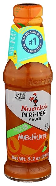 NANDOS PERI PERI MEDIUM SAUCE – SPICY SAUCES, SEASONING OR MARINADE FOR WINGS, FISH, MEAT, RICE OR VEG – NO ARTIFICIAL COLORS, FLAVORS, NON-GMO, NO MSG, GLUTEN FREE, VEGETARIAN – 9.2 OZ MEDIUM