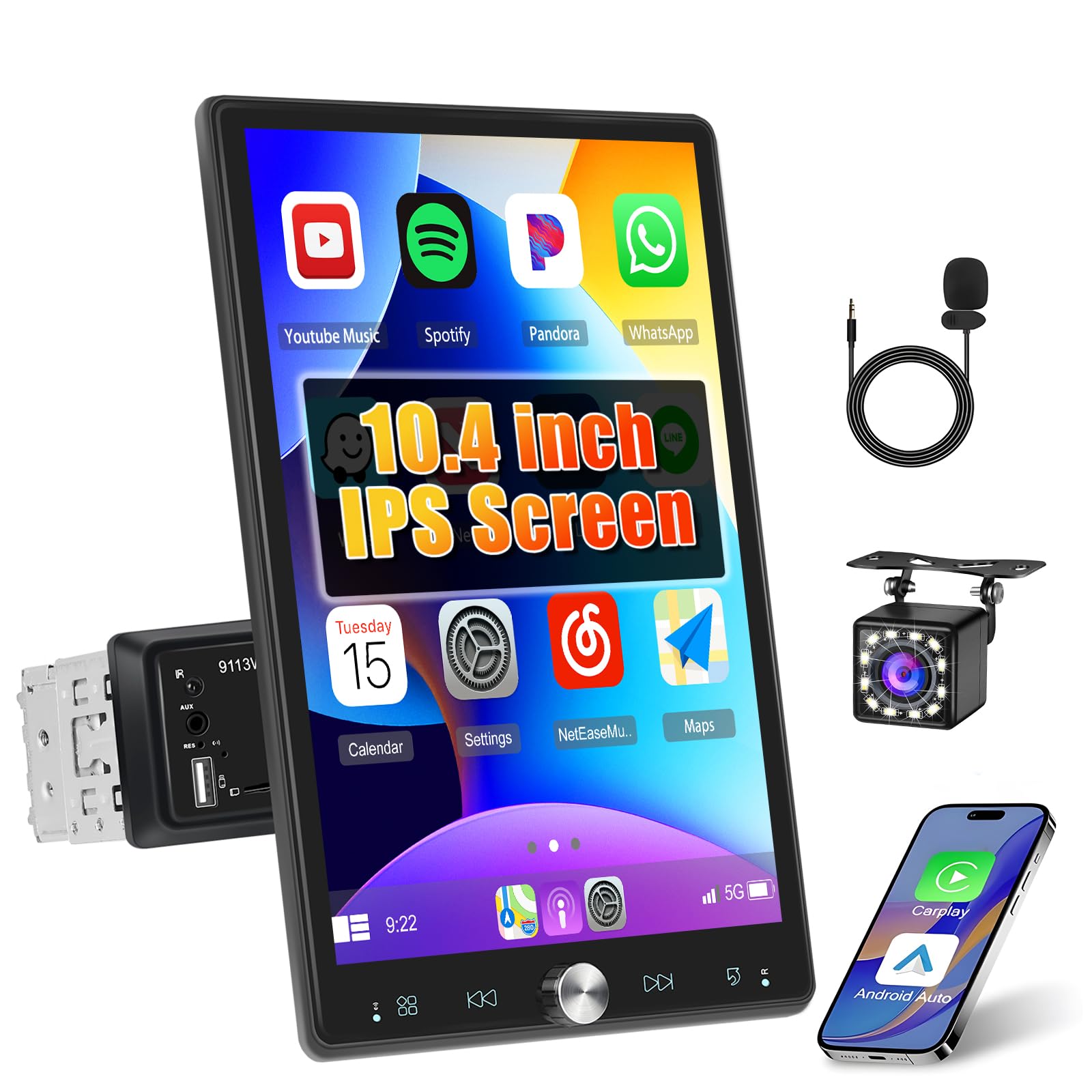 Photo 1 of Hikity 10.4 Inch Car Stereo Single Din Carplay Rotatable Touchscreen Radio Wireless Carplay Android Auto Bluetooth FM RDS EQ SWC Backup Camera USB AUX