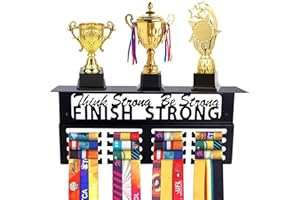 A ANSLCA Medal Hanger Display & Trophy Holder - ANSLCA 15.8 x 7'' Medal Holder and Trophy Display Hanger Rack Frame Easy to Install Wall Mount for Boys & Girls Displaying Over 70 Medals and 4 Trophies