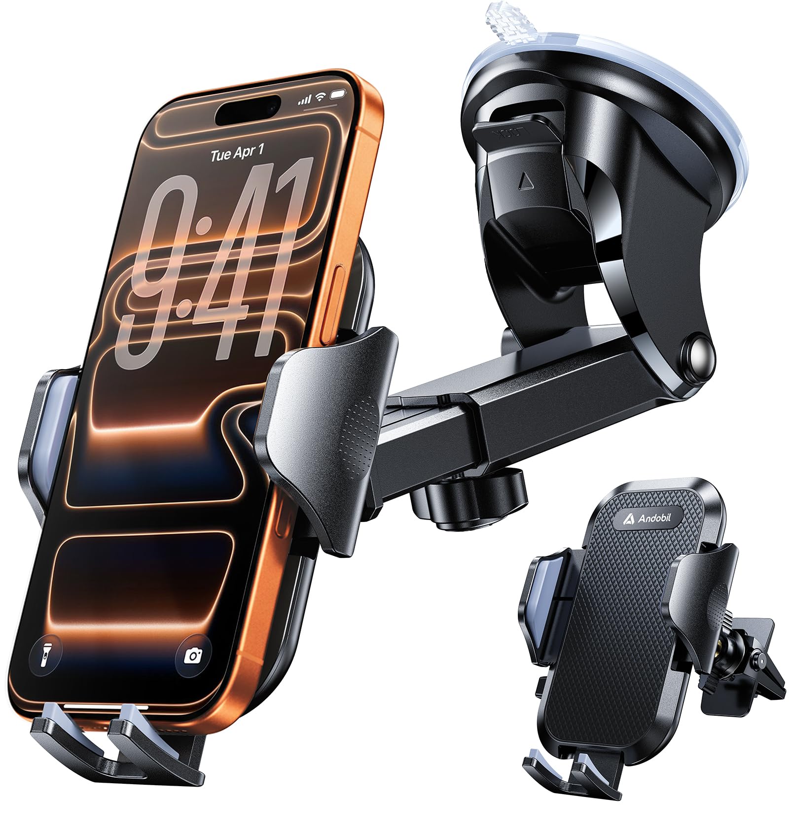 Photo 1 of andobil [2025 Military-Grade Durability] Car Phone Holder [Upgraded Strongest Suction & Clip] Cell Phone Car Mount Dashboard Windshield Vent,Truck Cradle Stand for iPhone 17 Pro Max 16 15 14 Samsung