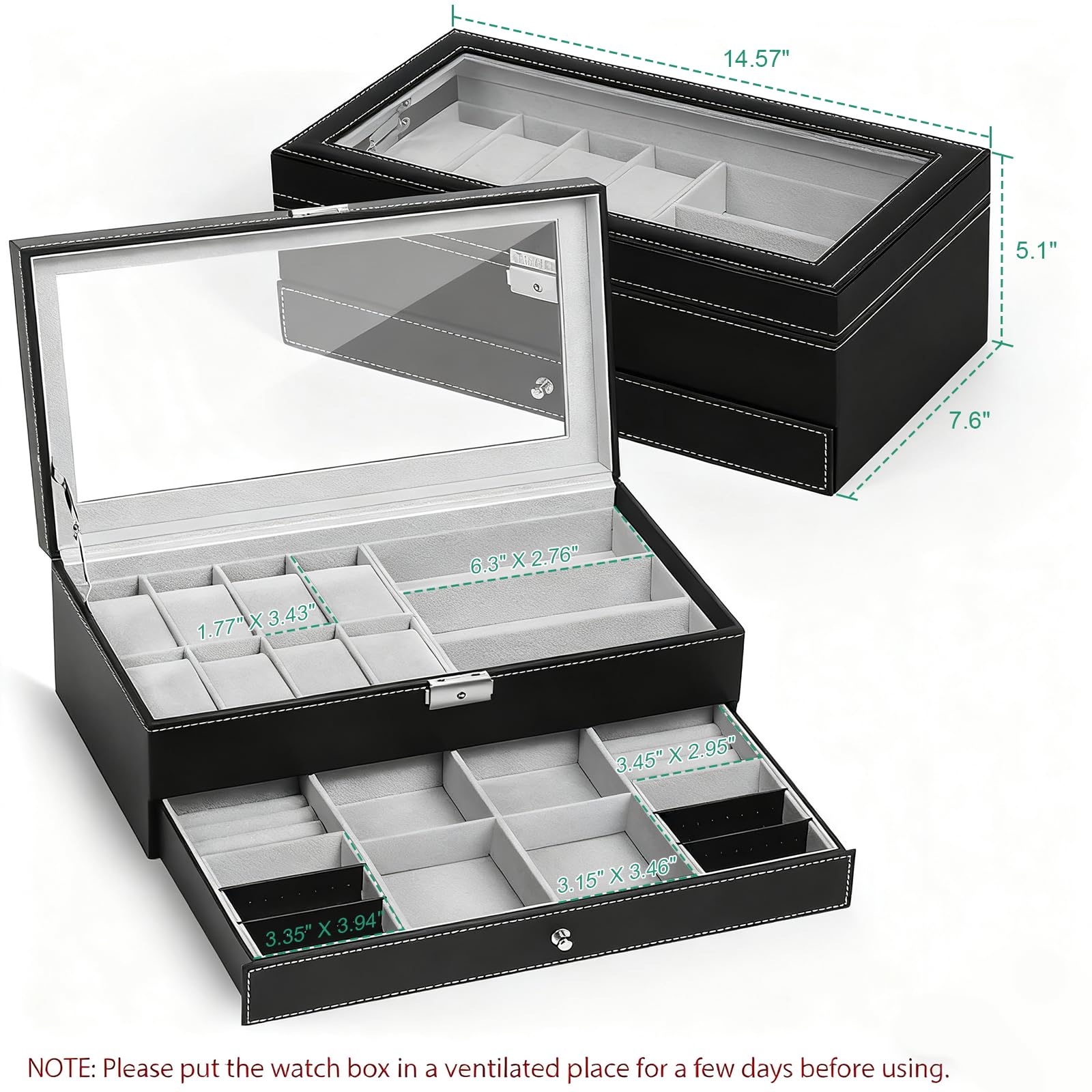 TomCare Watch Box Watch Case Jewelry Organizer Holder Jewelry Display Box Case Sunglasses Storage Organizer Lockable with Glass Top and PU Leather for Men Women, Black